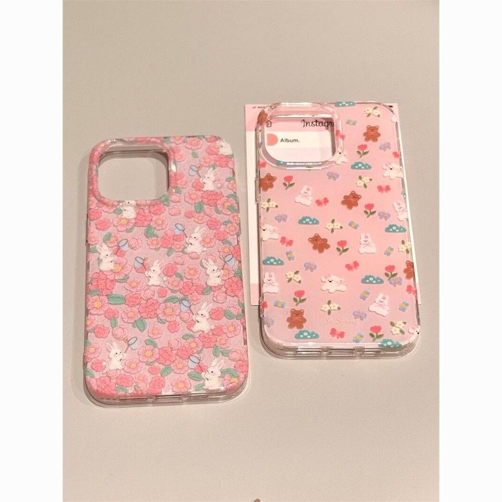 Ins Flower Rabbit Bear iPhone17promax Mobile Phone Case Suitable for Apple 16promax White Background Imd Case