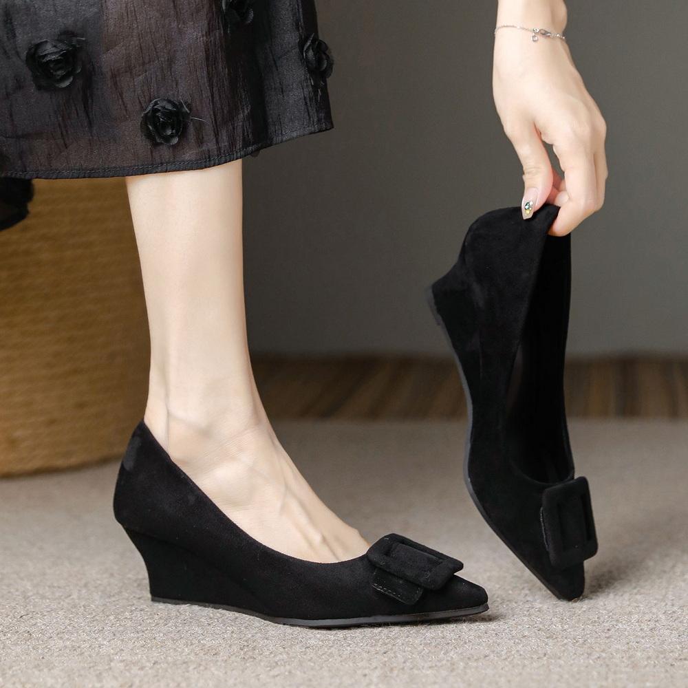 Fashion FHC New Suede Leather Wedges High Heels,Office Lady Working Shoes,Woman Pumps,Slip On,Pointed Toe,Black,Leopard,34-42,Dropship