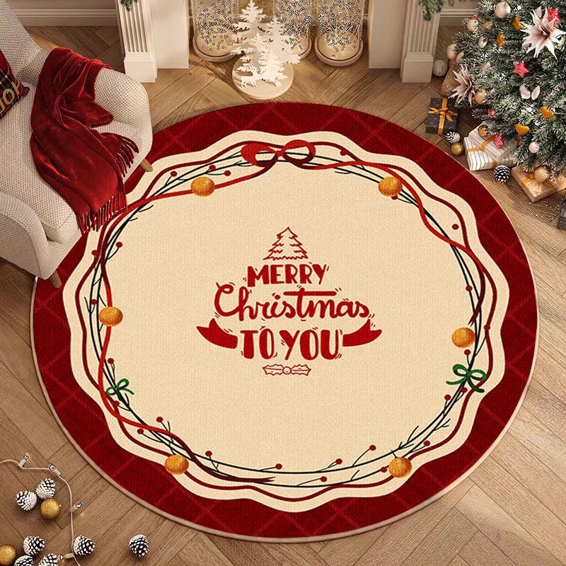 Christmas Tree Pattern Round Carpet "Merry Christmas" "HAPPY NEW" Text Design Festive Decor Rug for Living Room Non-Slip Mat
