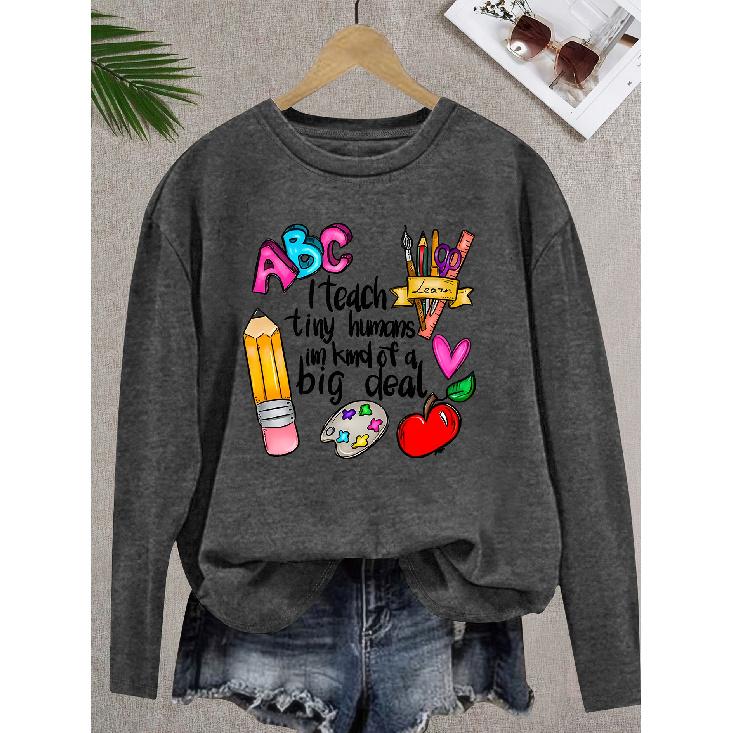 Teacher's Day Women's Elegant Style Colorful Chalk Letter Print Pattern Round Neck Long Sleeve for Spring Summer Autumn and Winter T