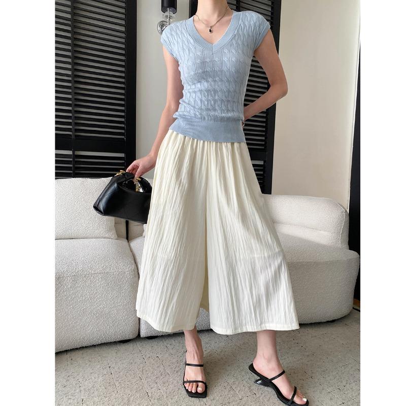 Sinan Elastic High-Waist Slimming Wide-Leg Cropped Pants with Wrinkled Texture