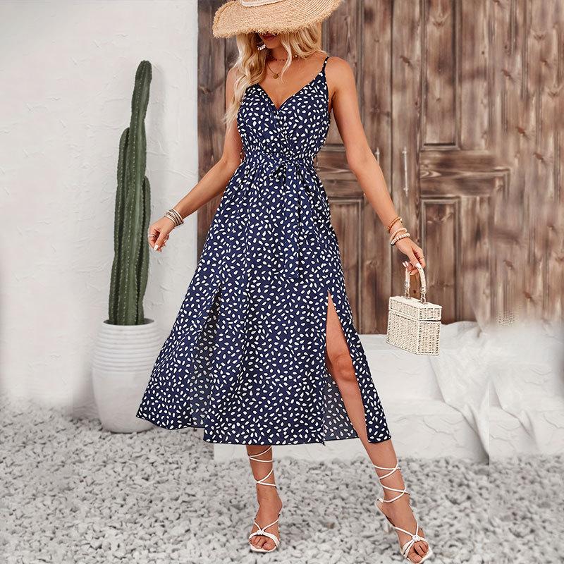 

2024 Лето сексуальное платье миди без рукавов с v-образным вырезом Женские винтажные платья на бретельках с разрезом по бокам Повседневное пляжное праздничное богемное женское платье Vestidos