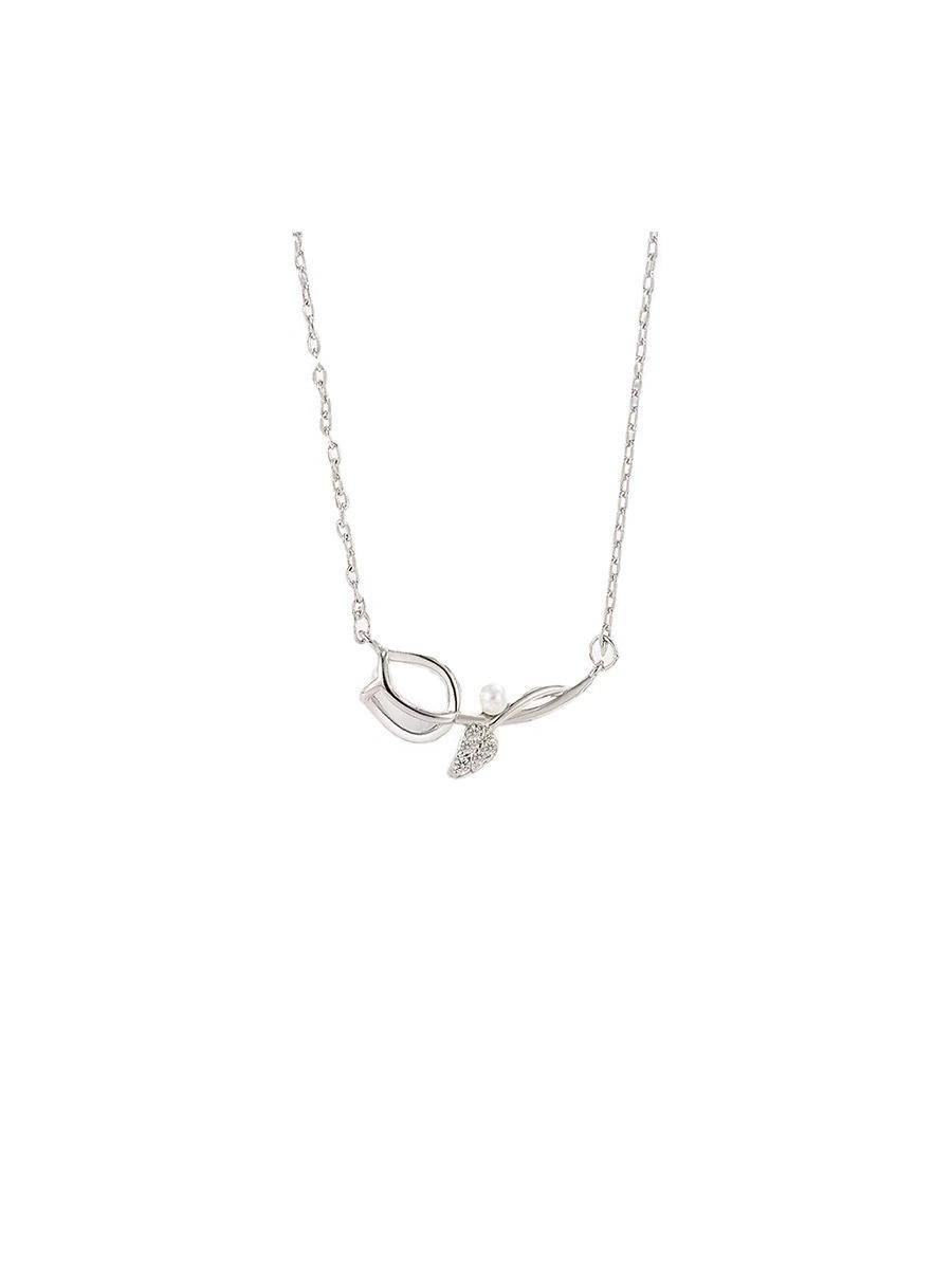 

925 Sterling Silver White Chalcedony Tulip Necklace for Women , Light Fashion Pendant , 41 - 50cm Adjustable Chain 925 silver тюльпан