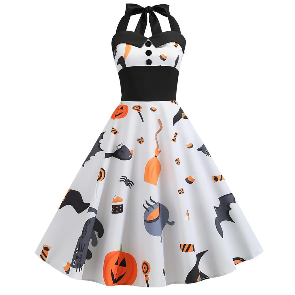 Women Casual Fashion Sleeveless V-neck Button Printed Halloween Dress