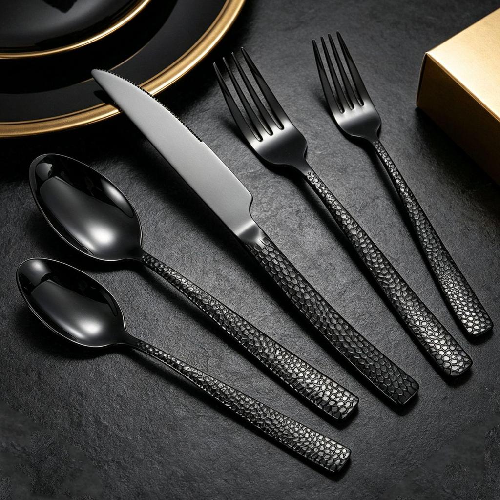 Gold-Plated Hammer Pattern Cutlery Set - 5-Piece Square Handle Stainless Steel Knife, Fork & Spoon Set