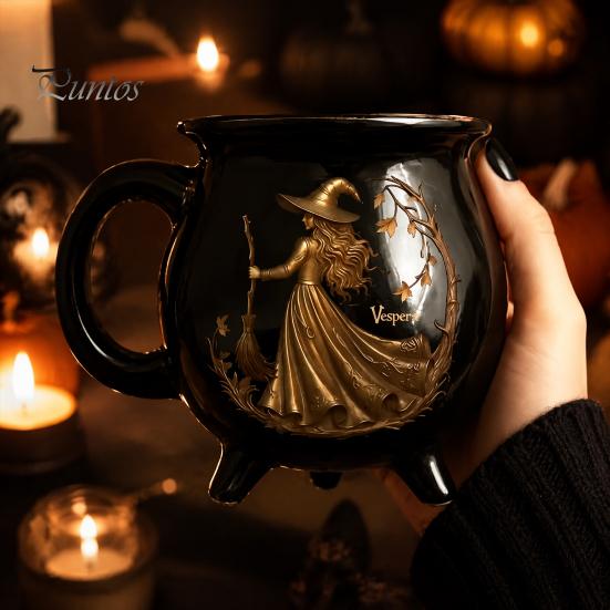 Kaffee Milch Heiße Schokolade Tasse Halloween Hexe Kessel Tasse, 350ml Vintage Gotisch Dreibeiniger Zaubertopf, Tasse für Schwarze Katze Keramik Haus Und Büro Dekoration Drei