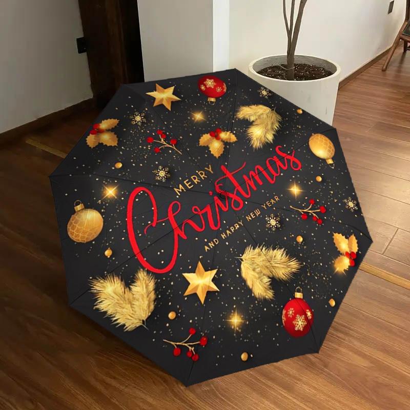 1pc Christmas Wreath Gold Glitter Umbrella with Plastic Handle,Suitable for All Seasons Home Travel Outdoor UmbrellaDD494