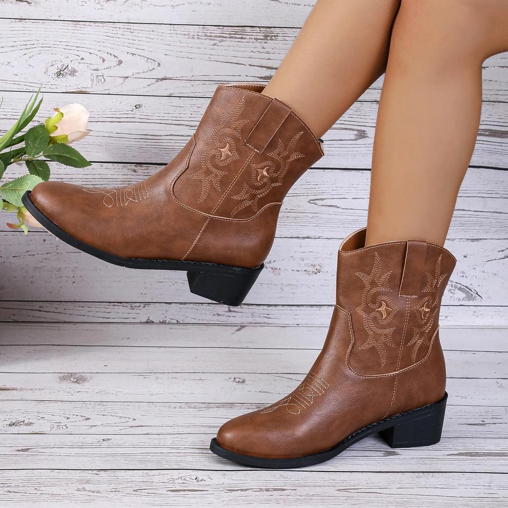 New Women Vintage Chunky Heels Western Cowboy Boots Block Heels Leather Ankle Boots Woman Autumn Winter Embroidered Knight Boots