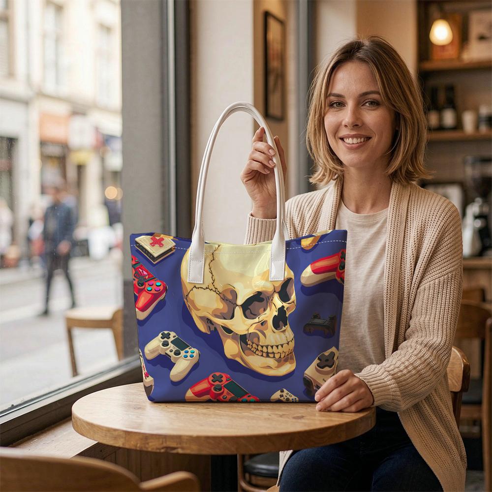 Cool Skull Gamer Pattern Shoulder Bag Casual Daily Tote Portable Shopping Handbag