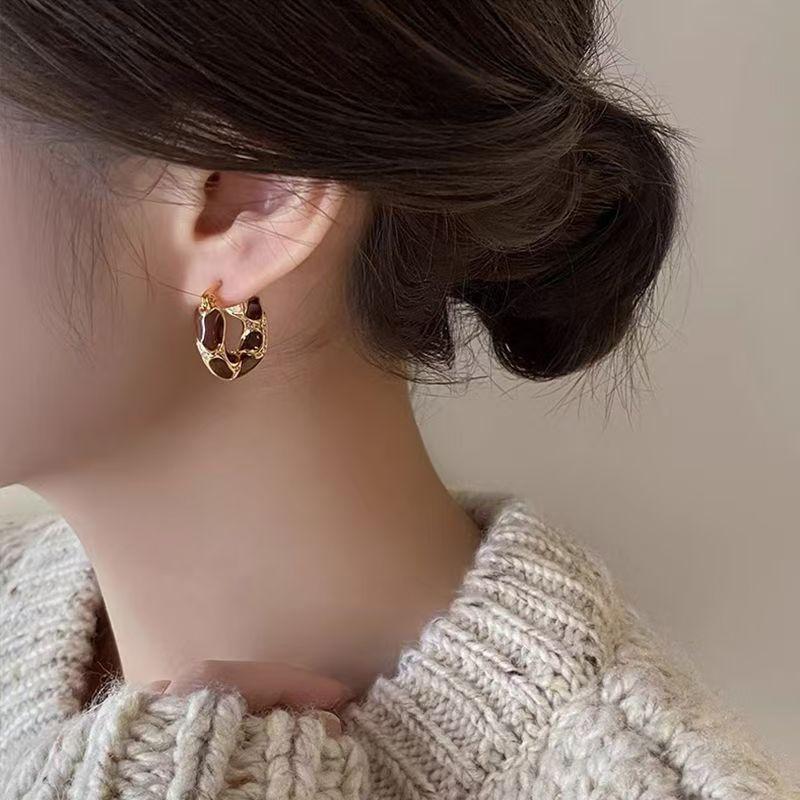 Vintage Amber Color Series Earrings for Women Temperament Brown Enamel Tiger Eye Ear Buckle Earring Party Jewelry Accessory Gift