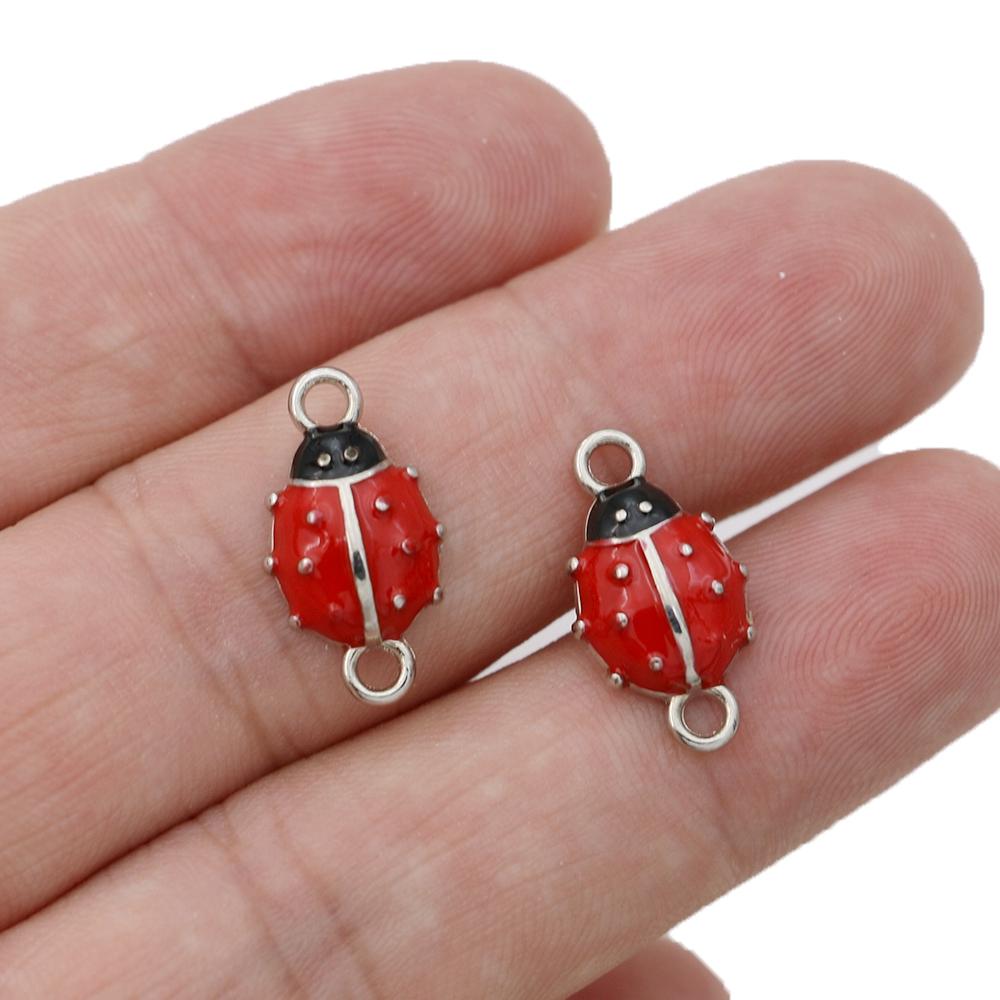10Pcs Gold Plated Enamel Flower Ladybug Charm Connectors For Jewelry Making Bracelet Accessories Diy Findings 18X15Mm