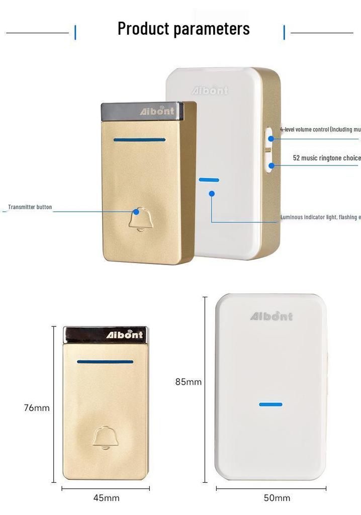 Wireless Self-Powered Gold Doorbell with EU/US Standard Call Button – No Battery Needed