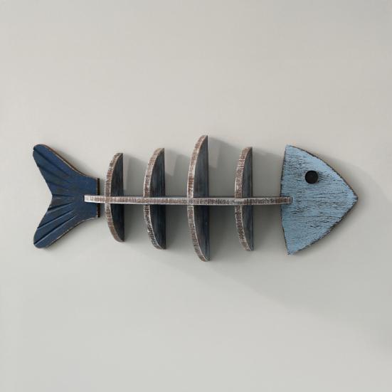 Nautical Wooden Fishbone Wall Decor Rustic Skeleton Fish Floating Shelf Coastal Wall Mounted Display