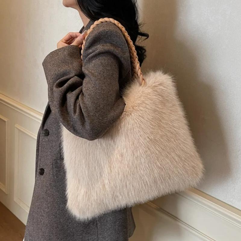 Fashion Women Furry Shoulder Bag Large Capacity Tote Handle Bag for Autumn Winter Outing Commuter Texture Versatile Storage Bags
