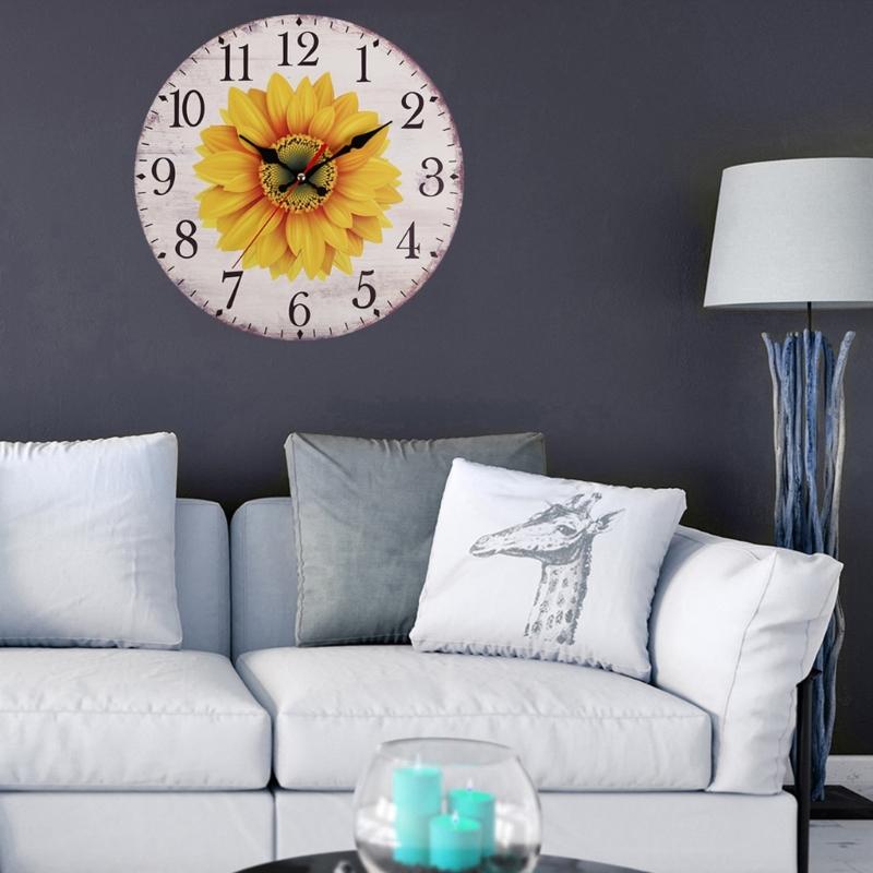 Analog Sunflowers Wall Clock 30cm with Large Arabic Numerals, Farmhouse Wooden Floral Wall Decors for Dining Area and Hallway