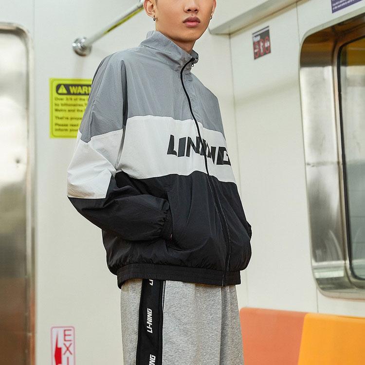 Li Ning Sports Fashion Series Stand Collar Loose Spliced Long Sleeve Jacket Men Jacket Gray AJDR236-2