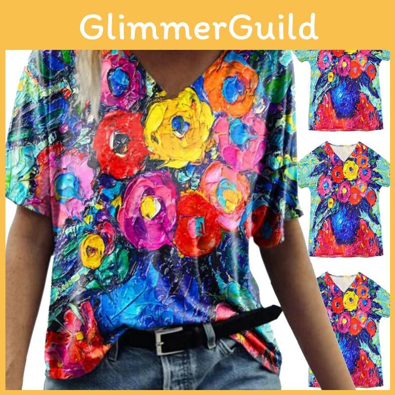 Summer Casual T Shirt With Floral Print And V Neck For Women