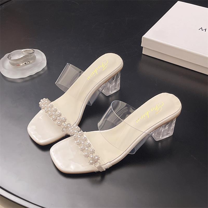 Beautiful High-heeled One-word Slippers for Women's Summer Wear, New Fashionable Transparent Thick-heeled Cool Slippers for Women