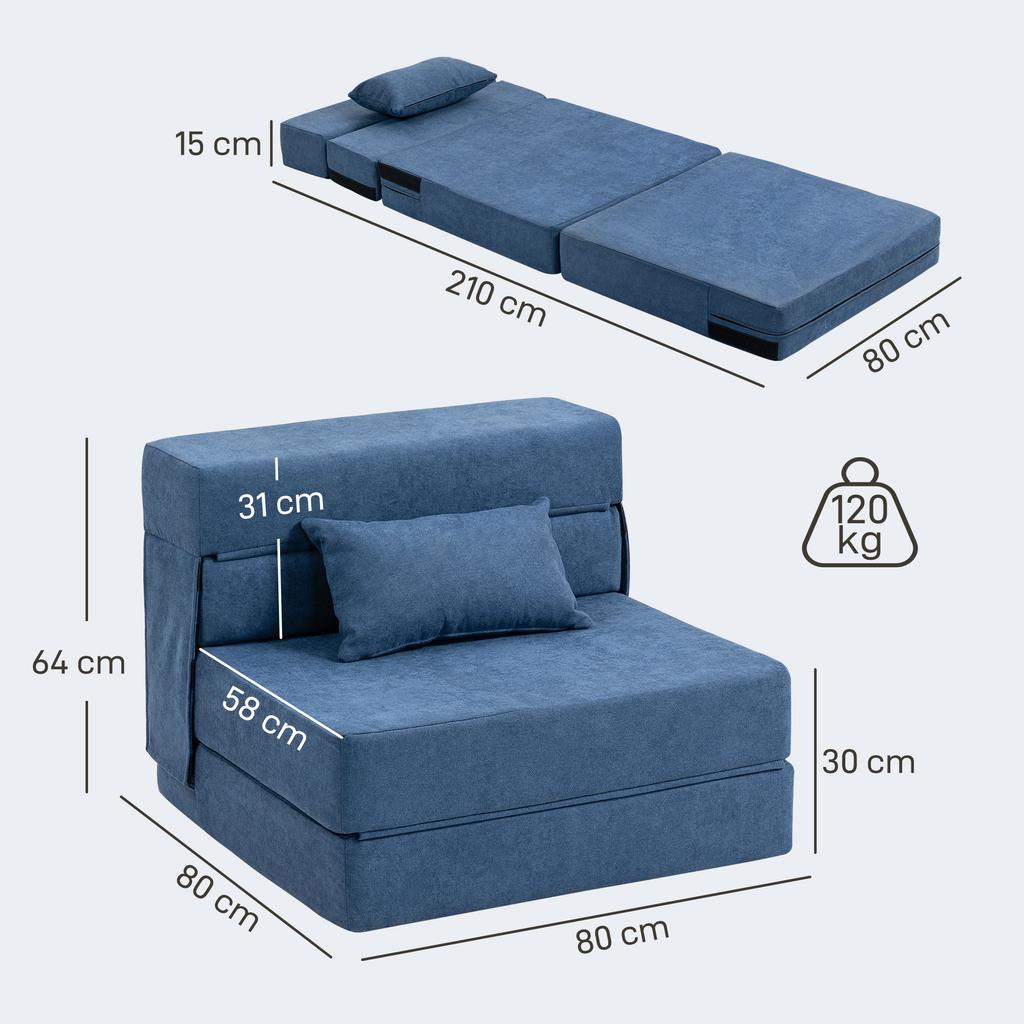 Floor Sofa, Upholstered Couch, Convertible into Mattress, Foam, Cushion, Dark Blue