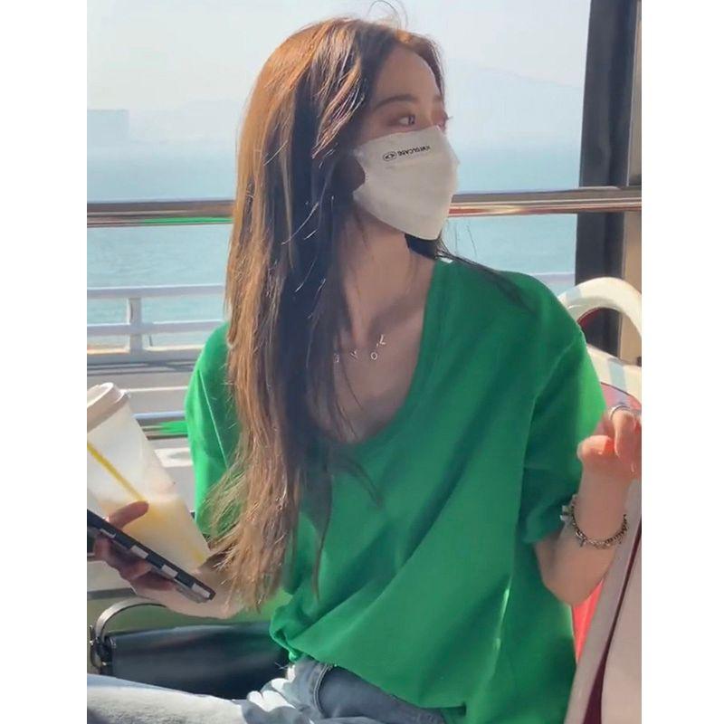 

Shoulder Niche Style U Collar Expose Clavicle Loose Short Sleeve Tops Green XL