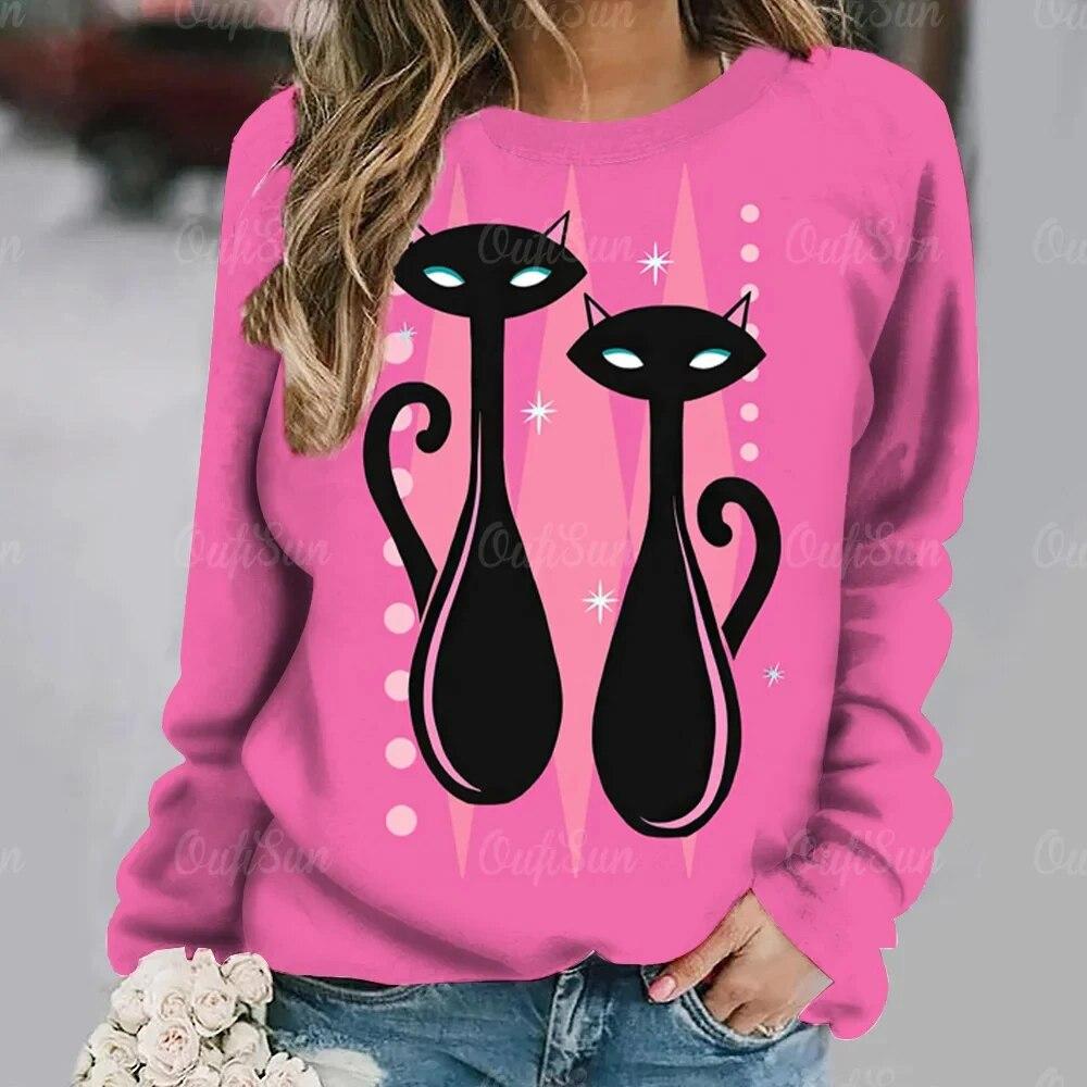 Dámské tričko Anime Kočičí potisk Topy s dlouhým rukávem Vintage svetr Bavlna s výstřihem do tvaru Y2k Dámské oblečení Oversized Street Pullover