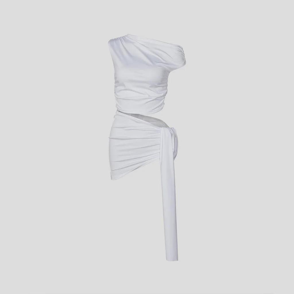 European & American Solid Color Slant Neck Vest Top with Ribbon and Hip-Wrapping Skirt Set.