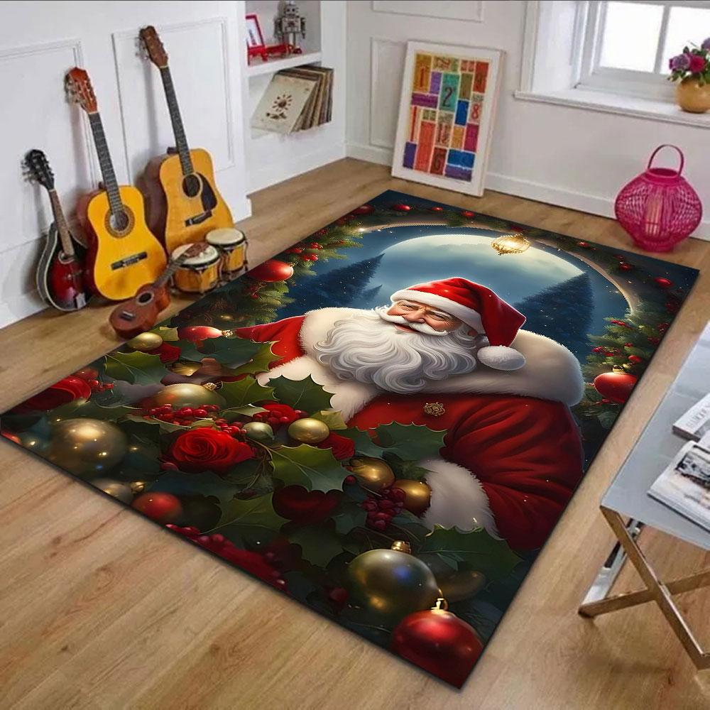 Santa Claus with Holly and Christmas Ornaments Patterned Carpet, Non Slip Mat Suitable for Living Room and Bedroom Sofas