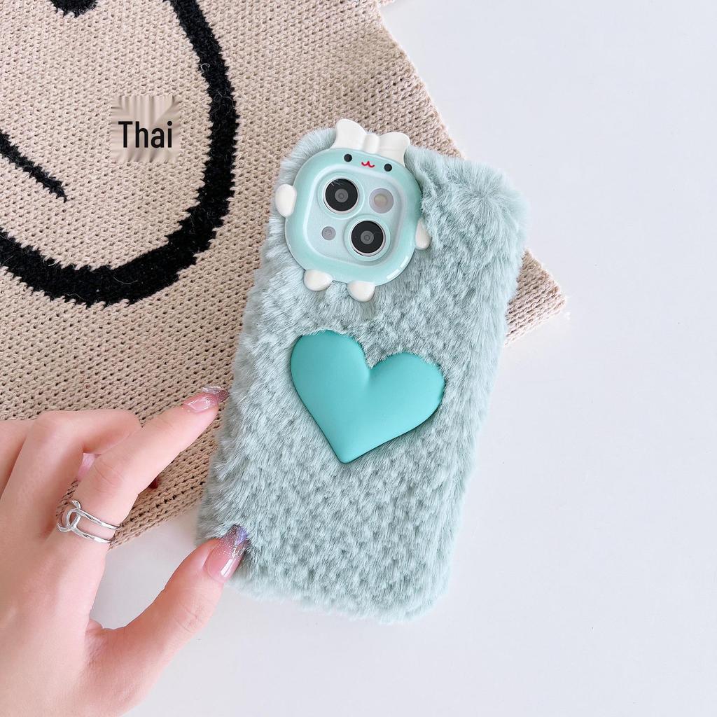 Color Block Plush Heart Phone Case for iPhone 13/14/15 Pro Max - Cute Autumn/Winter Design