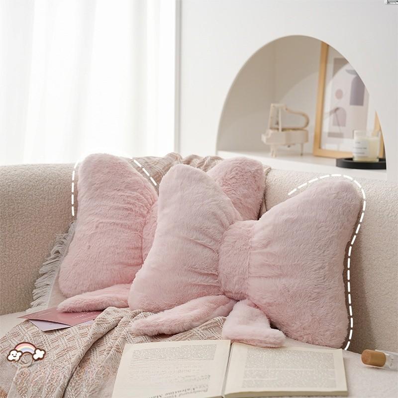 Modern Minimalist Pink Bunny Faux Fur Decorative Throw Pillow With Bow Ribbon For Living Room Decor