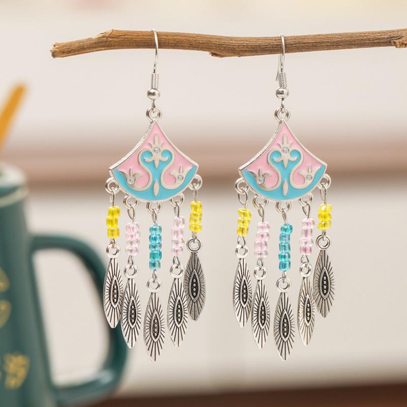 Classical Ethnic Drop Glaze Geometric Earrings for Women Vintage Texture Beaded Dangle Earring Daily Vacation Jewelry