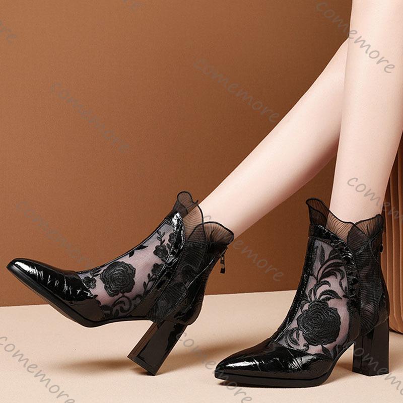 Comemore Spring Summer Lace Mesh High Heels Shoes Ethnic Style Women Ankle Boots Embroider Pointed Short Boot Thick Heeled Pumps