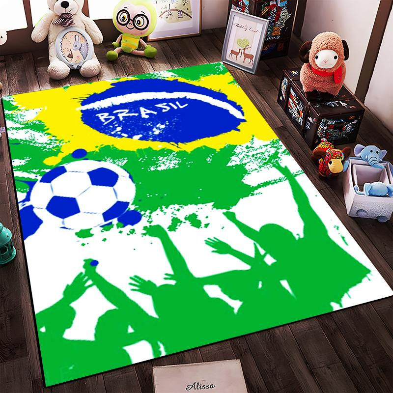 Fußballteppich inspiriert von der brasilianischen Flagge mit grünem, gelbem und blauem Design, geeignet als Antirutsch für Wohnzimmer, Schlafzimmer, Sofas