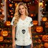 Damen V-Ausschnitt Kurzarm Kasack mit Taschen Halloween-Print Pflegekraft Uniform