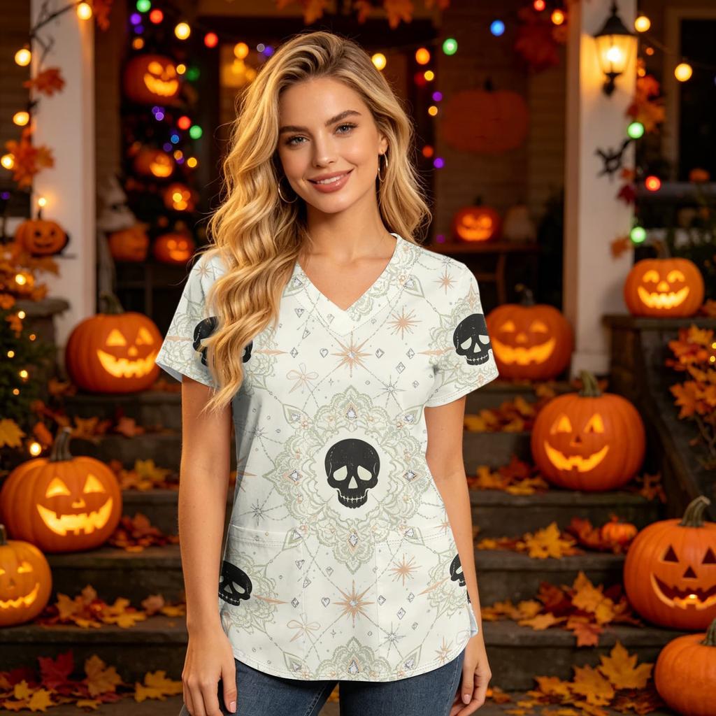 Damen V-Ausschnitt Kurzarm Kasack mit Taschen Halloween-Print Pflegekraft Uniform