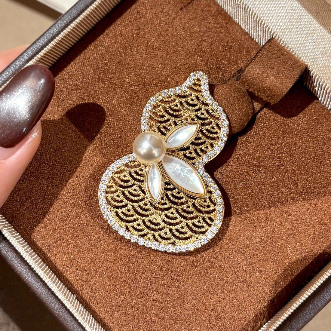 Брошь-булавка из позолоченного 18K золотом перламутра с цирконием, полая тыква, элегантный китайский стиль