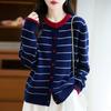 CHAO Stylish Preppy Striped Wool Cardigan - Single-Breasted, Round Neck, Double-Ply Thick Knit