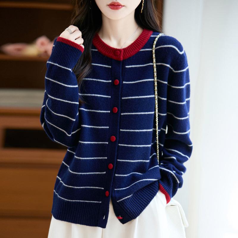CHAO Stylish Preppy Striped Wool Cardigan - Single-Breasted, Round Neck, Double-Ply Thick Knit