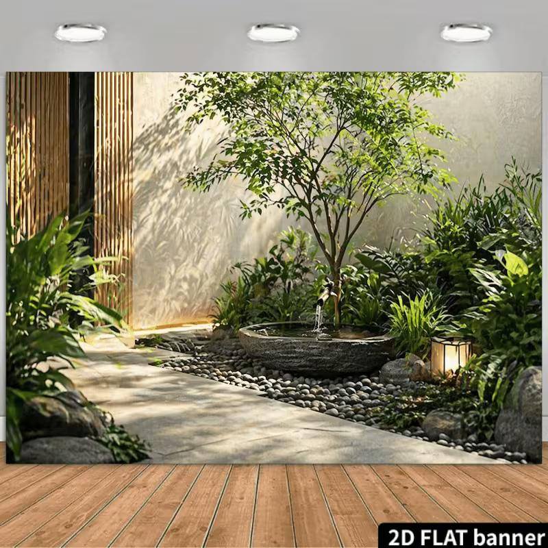 

2D Zen Japanese Garden Backdrop, Stone Fountain & Pebble Pathway Party Decoration 47.2x31.5inch/120*80cm