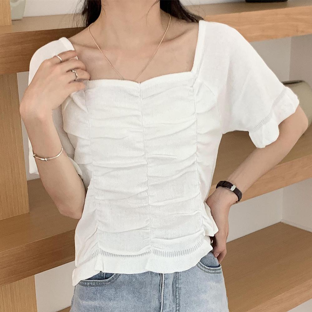 Summer Retro Short Top Dew Collarbone Slim Thin Short-sleeved Knit Shirt Female Casual Summer Essential Comfort and Style Slim Fit Pullovers Tees