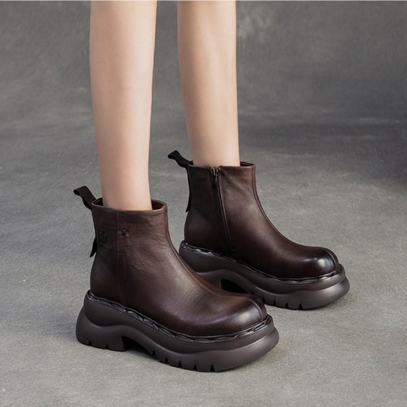 Johnature Genuine Leather Thick Soled Ankle Boots Retro Round Toe Thick Heeled Women's Short Boots