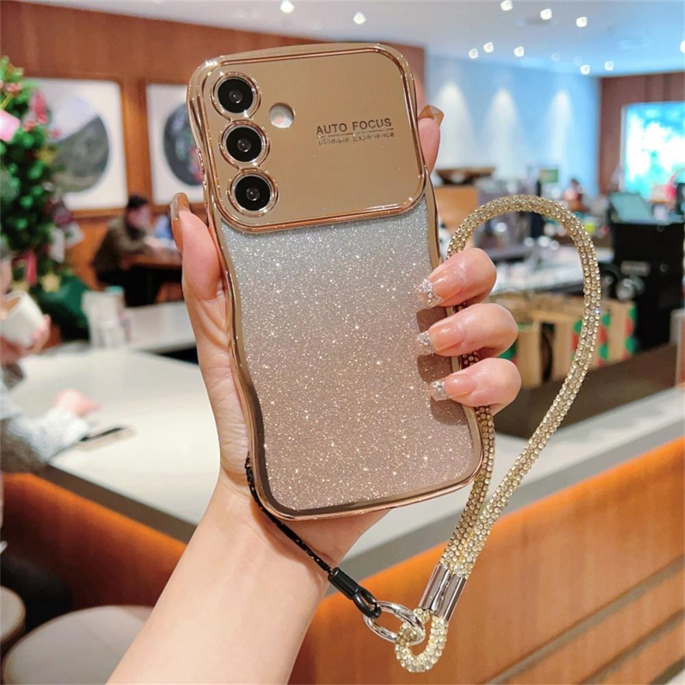 

Чехол для Samsung Galaxy S25 с ремешком, градиентный блестящий гальванический чехол для телефона TPU Gold