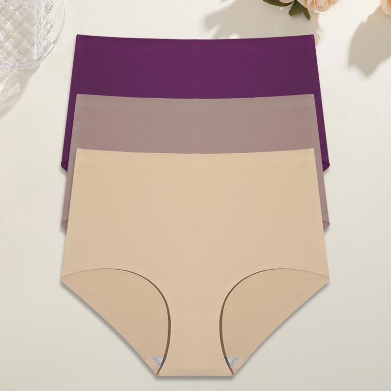 3Pcs Plus Size Ice Silk Underwear Women's Seamless Panties Sexy High Rise Traceless Invisible Briefs Breathable Lingerie