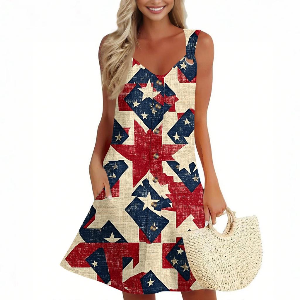 Women's Summer Dress Sleeveless Independence Day Print Sundress With Pocket