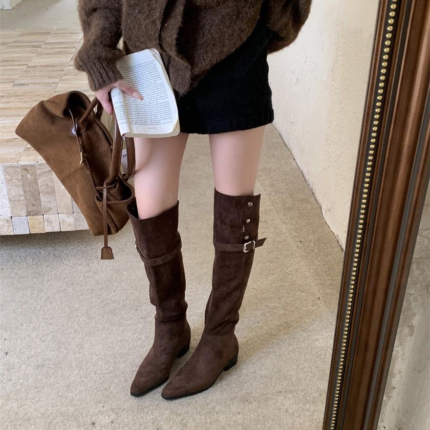 2025 autumn and winter new belt buckle pointed thick heel medium heel boots high boots casual suede over knee boots 2 wear type