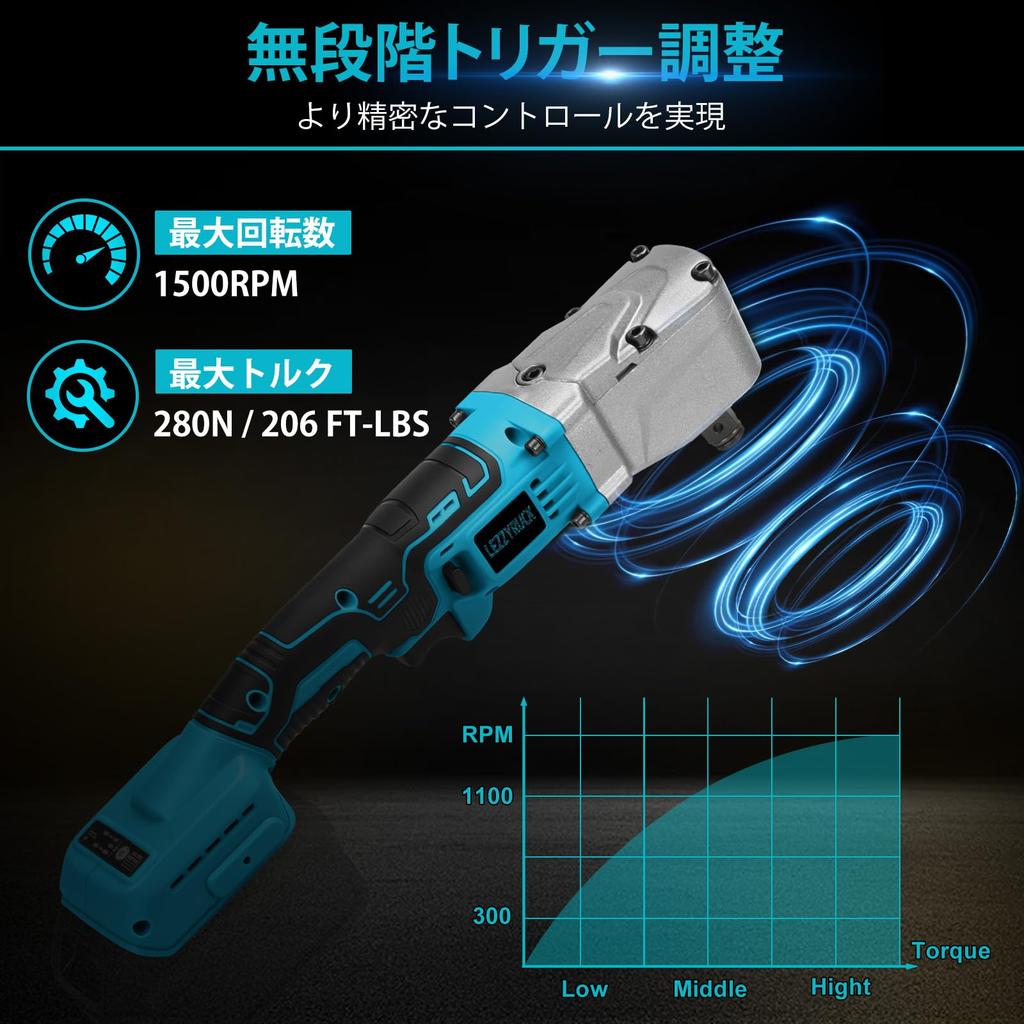 LEZZYRUCK Cordless Angle Impact Wrench Torque 280 Compatible with Makita 18V 1500 Socket LED Lock Electric Ratchet Wrench for Home and Car Tire