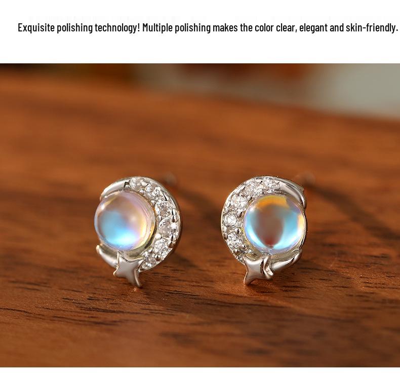 Boucles d'oreilles en argent S925 Pierre de lune pour femmes – Design étoile et lune