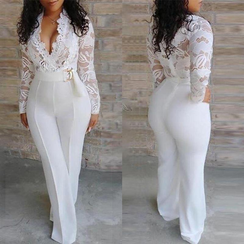 

White Mesh Lace Jumpsuit Trousers White Mesh Patchwork Lace Jumpsuit Pants White XXL