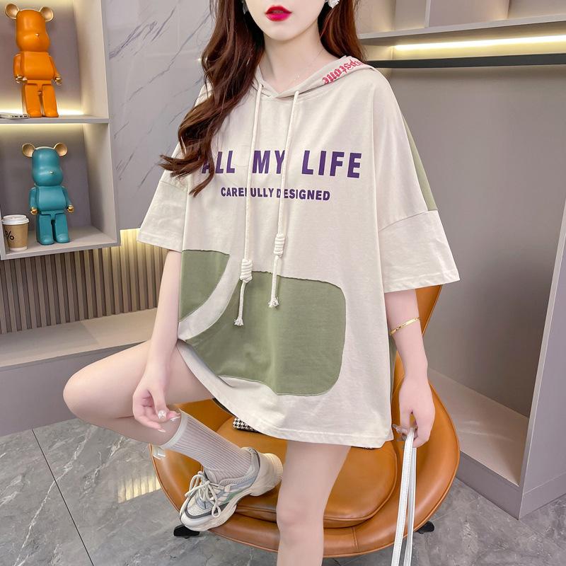 Women's Hooded Contrasting Back Panel T Shirt Summer Loose Long Women