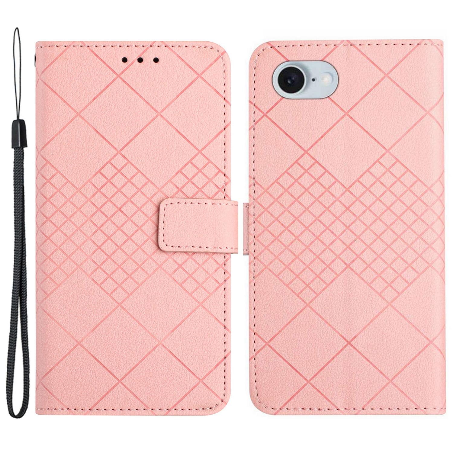 

HT06 For iPhone 16e Drop-Proof Phone Case Rhombus Pattern PU Leather Wallet Cover Pink