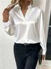 Women's Stand Collar V Neck Long Sleeve Satin Blouse Loose Elegant Work Shirt